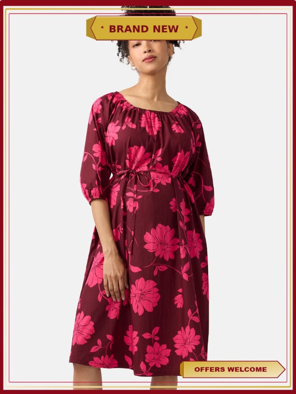 Ingrid & Isabel Maternity Midi Cotton Dress Loose Fit
